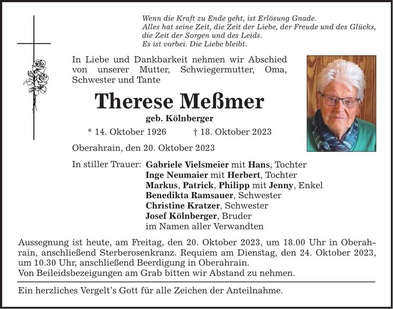 Traueranzeige Therese Meßmer