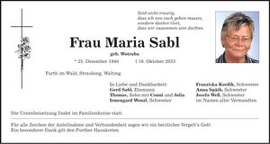 Traueranzeige Maria Sabl