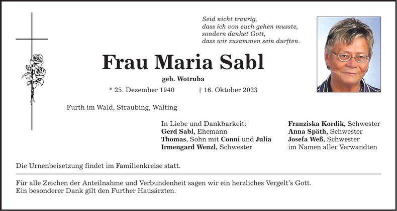 Traueranzeige Maria Sabl