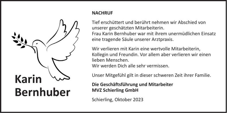 Traueranzeige Karin Bernhuber