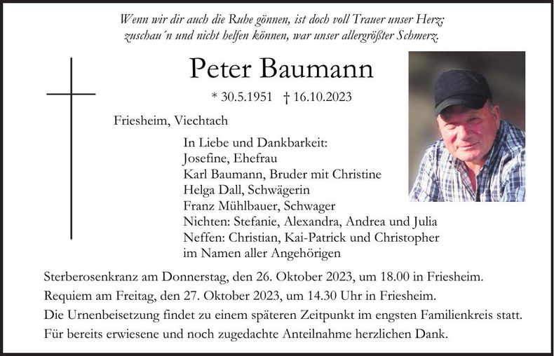 Traueranzeige Peter Baumann