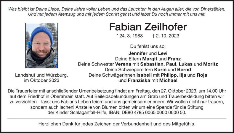 Traueranzeige Fabian Zeilhofer