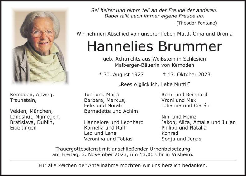 Traueranzeige Hannelies Brummer
