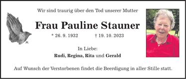 Traueranzeige Pauline Stauner