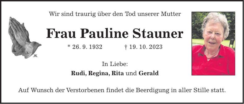 Traueranzeige Pauline Stauner