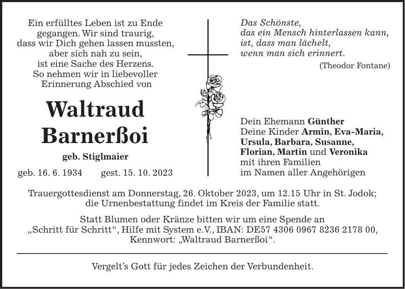 Traueranzeige Waltraud Barnerßoi