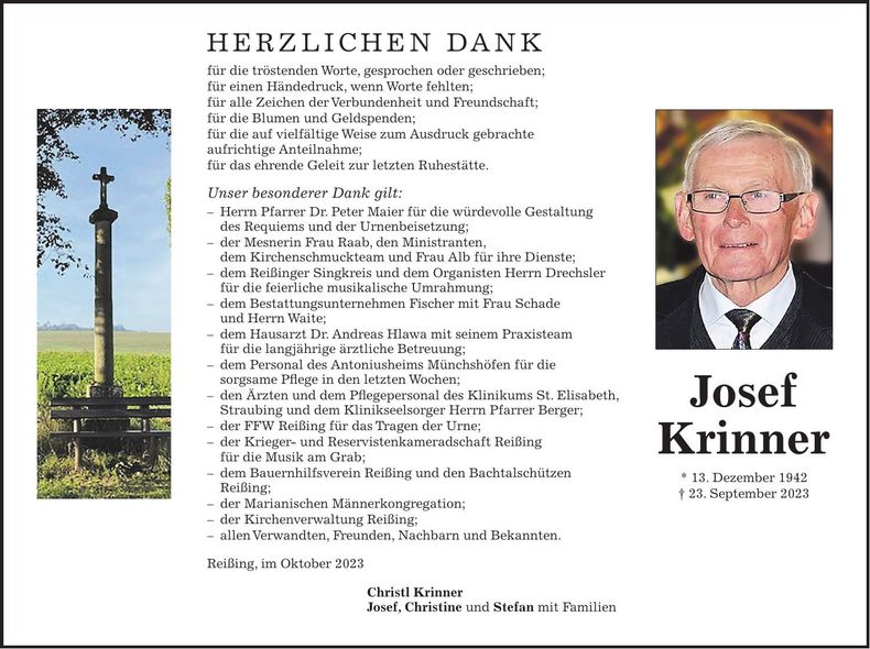 Traueranzeige Josef Krinner
