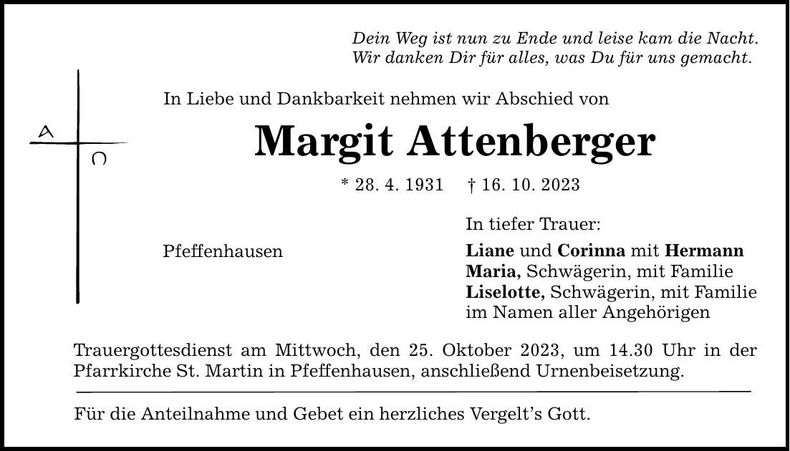 Traueranzeige Margit Attenberger