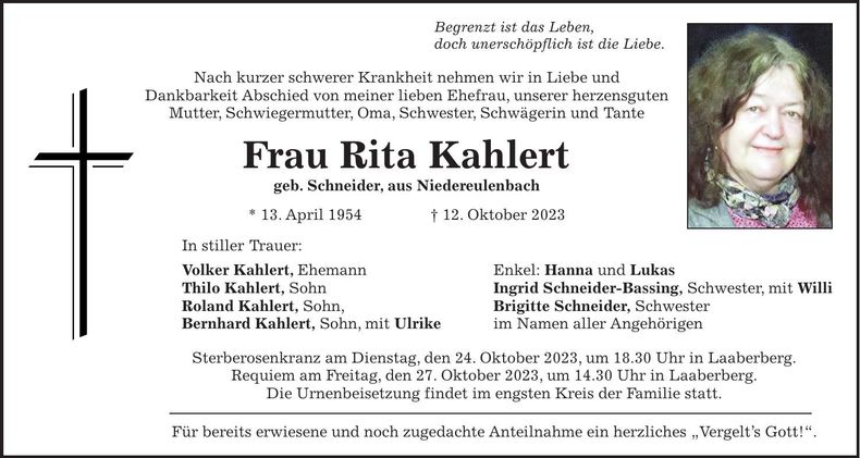 Traueranzeige Rita Kahlert