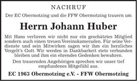 Traueranzeige Johann Huber