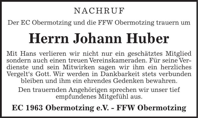 Traueranzeige Johann Huber