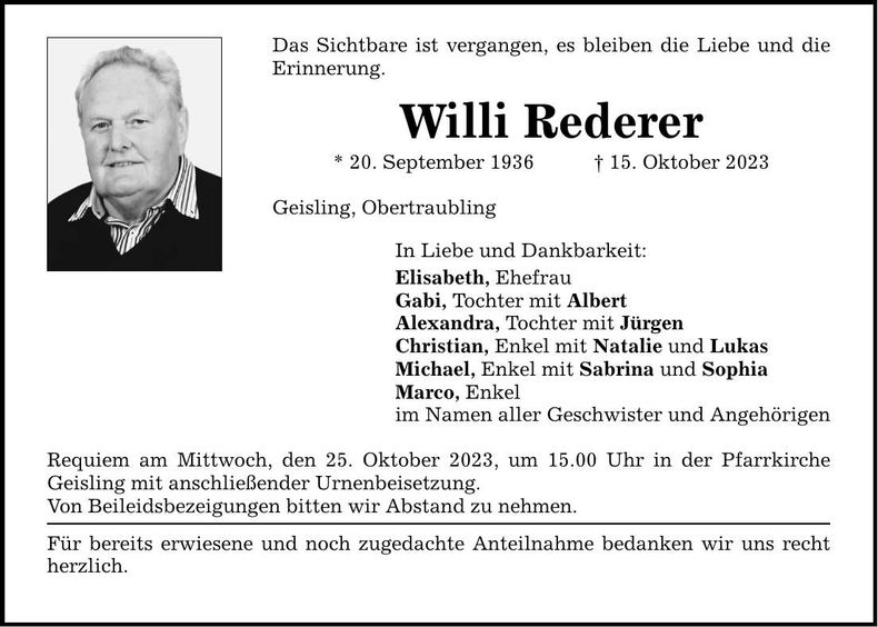 Traueranzeige Willi Rederer
