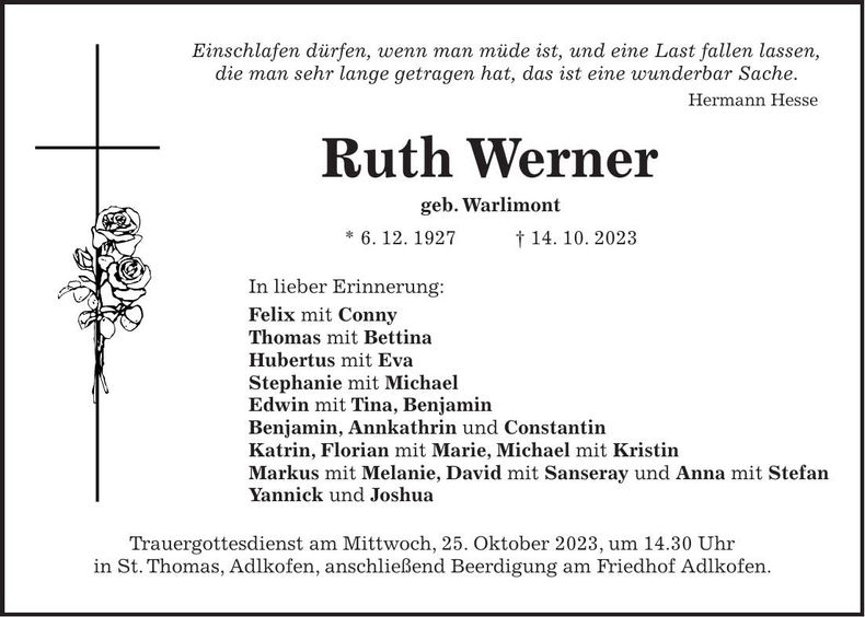 Traueranzeige Ruth Werner