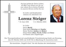 Traueranzeige Lorenz Steiger