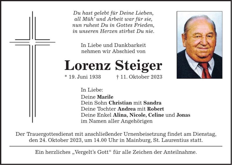 Traueranzeige Lorenz Steiger