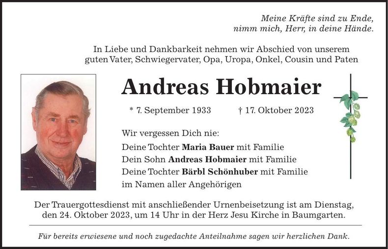 Traueranzeige Andreas Hobmaier