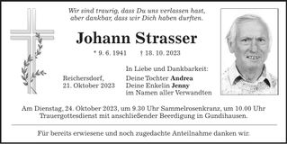 Traueranzeige Johann Strasser