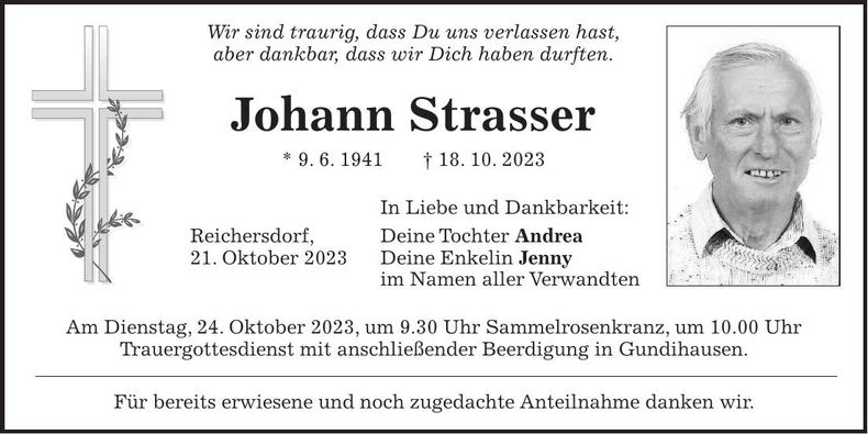 Traueranzeige Johann Strasser