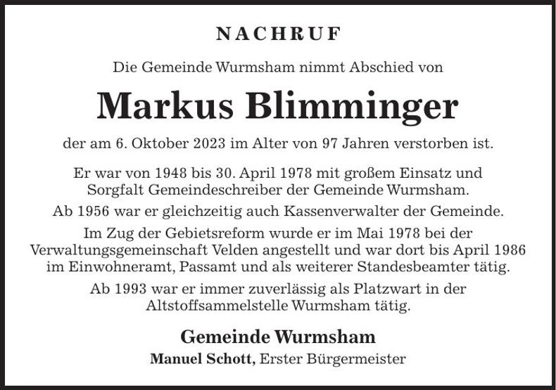 Traueranzeige Markus Blimminger