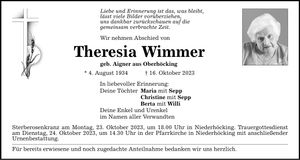 Traueranzeige Theresia Wimmer