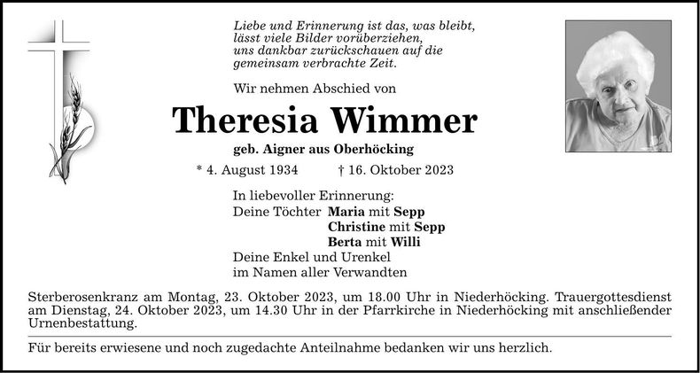 Traueranzeige Theresia Wimmer