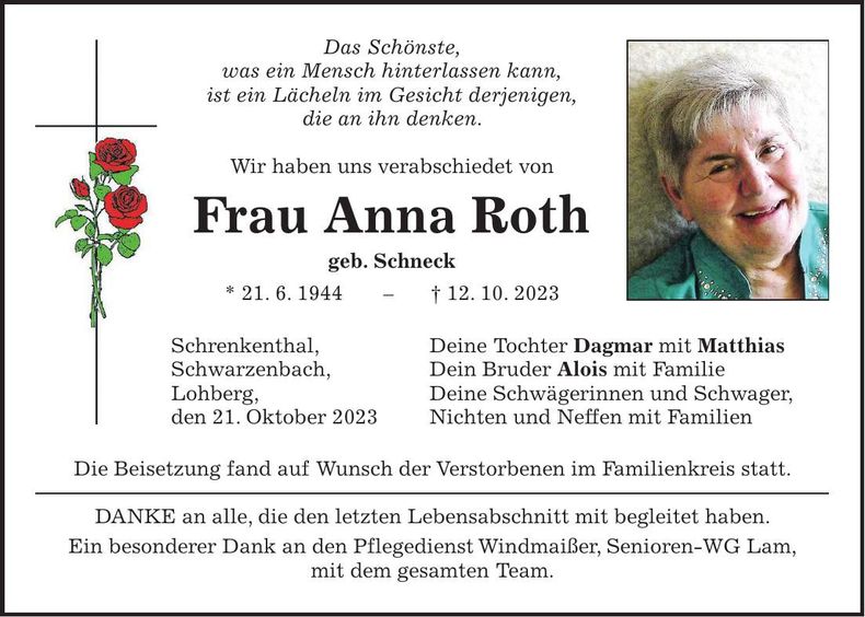 Traueranzeige Anna Roth
