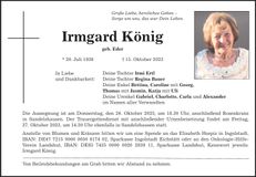 Traueranzeige Irmgard König