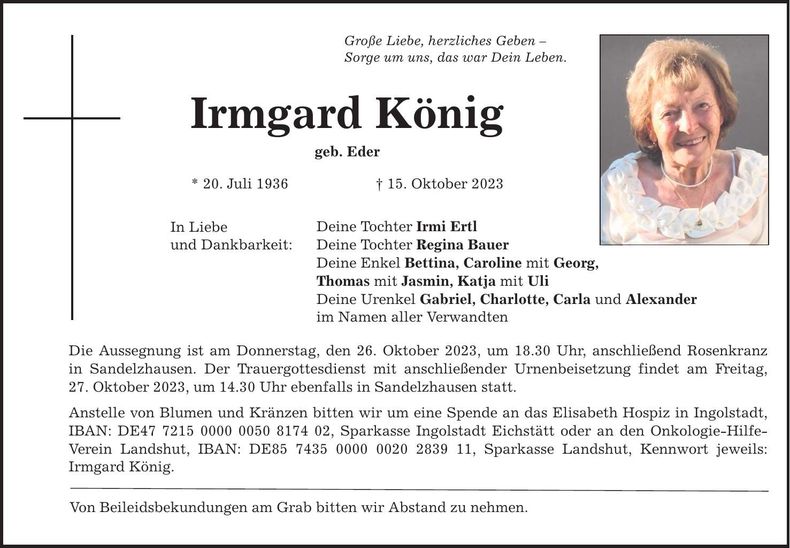 Traueranzeige Irmgard König