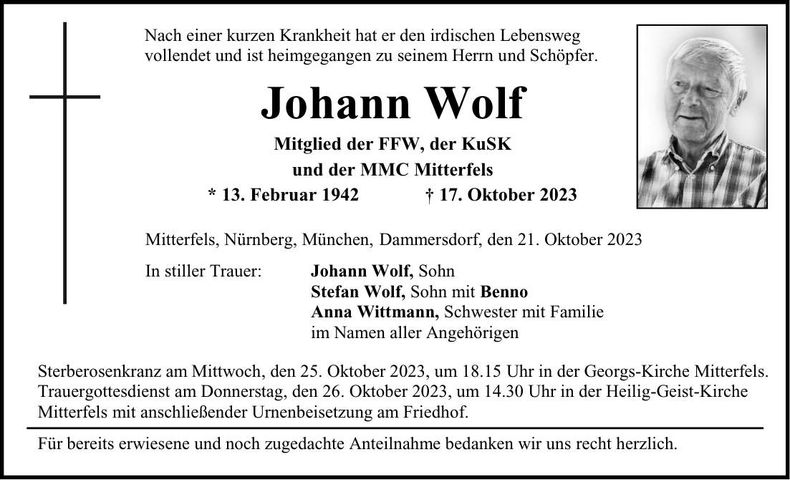 Traueranzeige Johann Wolf