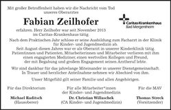 Traueranzeige Fabian Zeilhofer