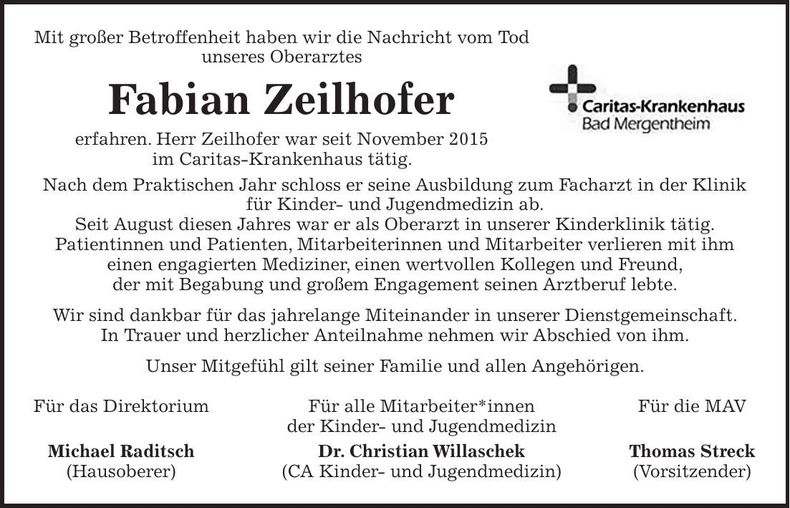 Traueranzeige Fabian Zeilhofer