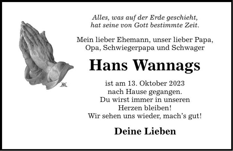 Traueranzeige Hans Wannags