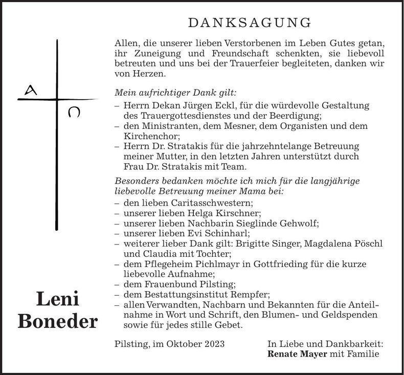 Traueranzeige Leni Boneder