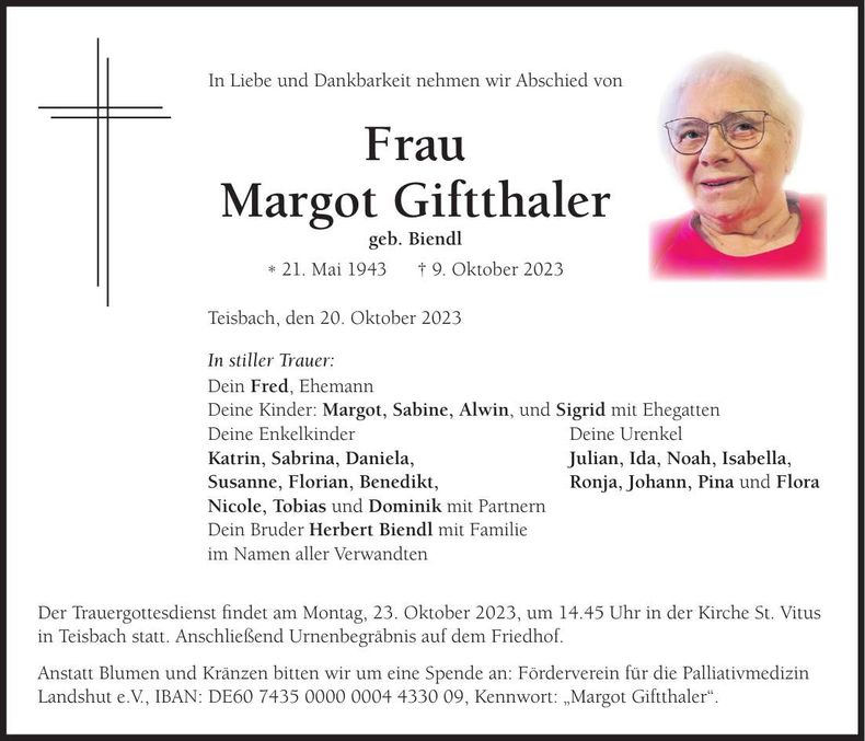 Traueranzeige Margot Giftthaler
