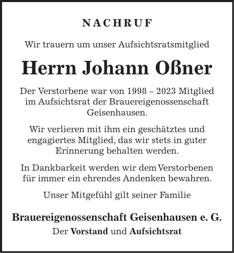 Traueranzeige Johann Oßner