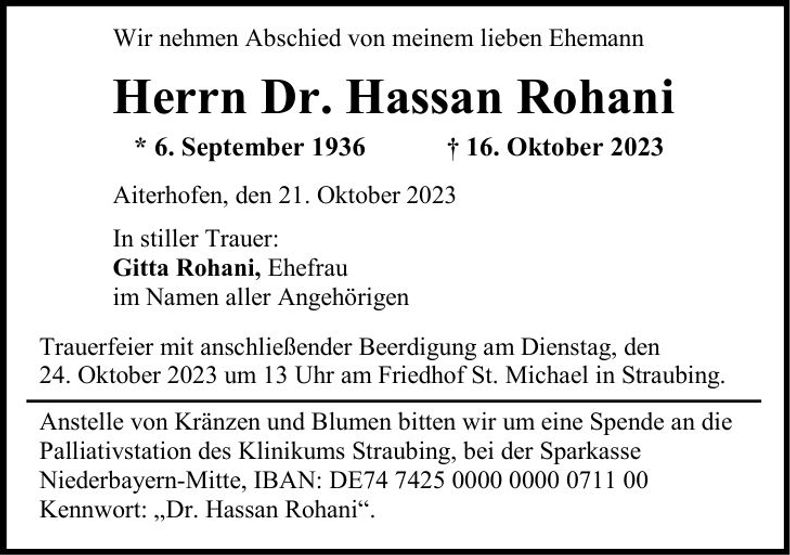 Traueranzeige Hassan Rohani