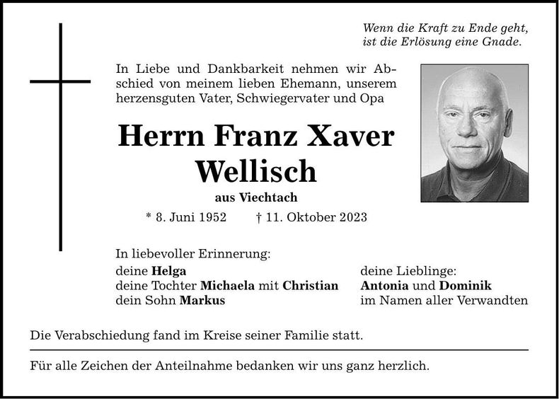 Traueranzeige Franz Xaver Wellisch