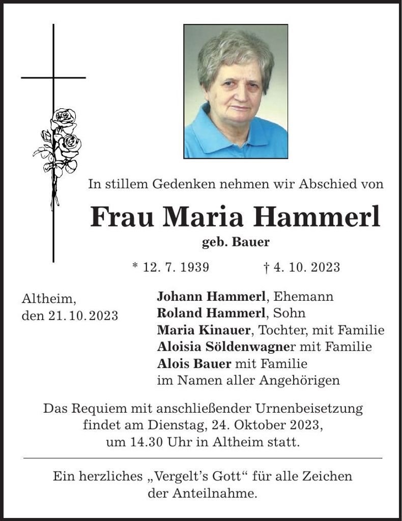 Traueranzeige Maria Hammerl