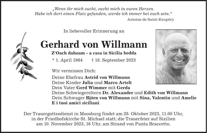 Traueranzeige Gerhard von Willmann