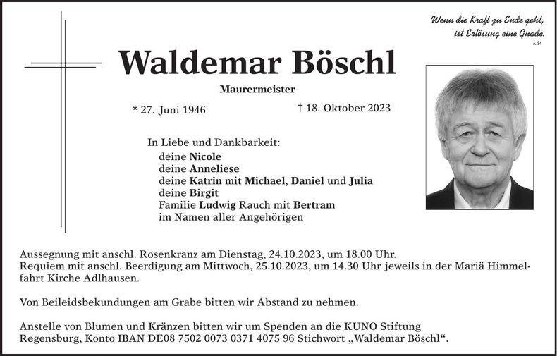 Traueranzeige Waldemar Böschl