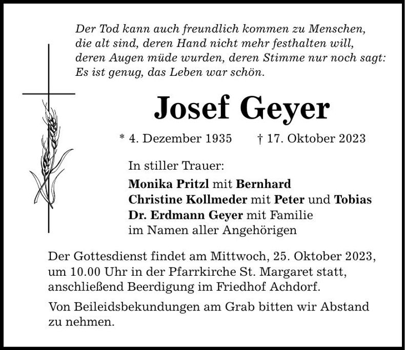 Traueranzeige Josef Geyer