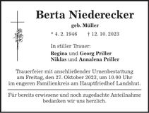 Traueranzeige Berta Niederecker