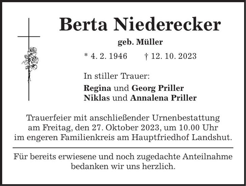 Traueranzeige Berta Niederecker