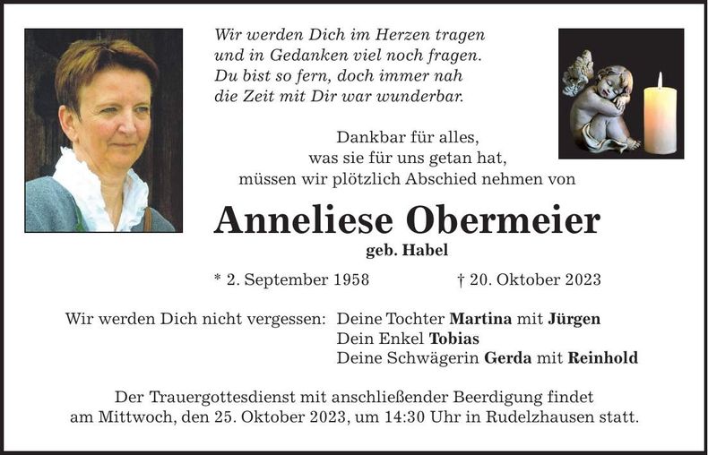 Traueranzeige Anneliese Obermeier