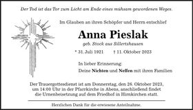 Traueranzeige Anna Pieslak