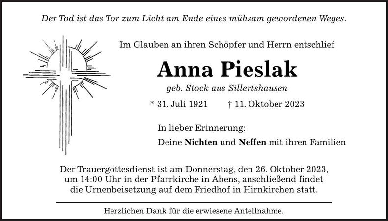 Traueranzeige Anna Pieslak