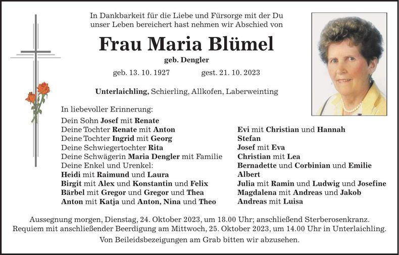 Traueranzeige Maria Blümel