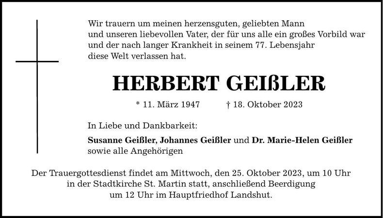 Traueranzeige Herbert Geißler