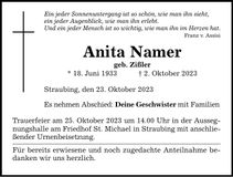 Traueranzeige Anita Namer