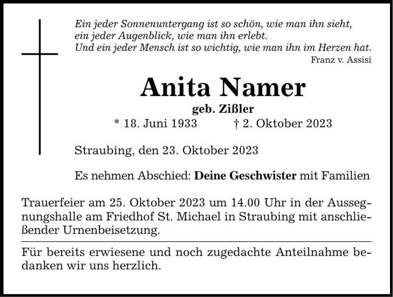 Traueranzeige Anita Namer